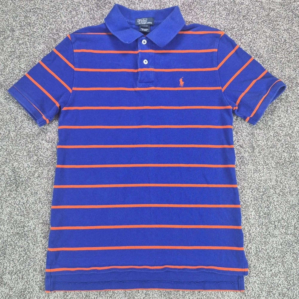 Polo Ralph Lauren Shirt Boys Large 14-16 Blue Orange Striped Short Sleeve
